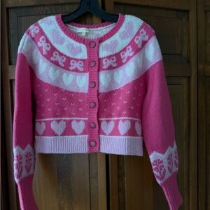 Loveshackfancy Pink Heart Patterned Cardigan